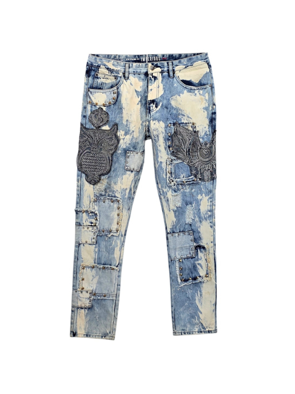 Imperious Patchwork Distressed Jeans Mens 36x32 Slim Straight Studded...